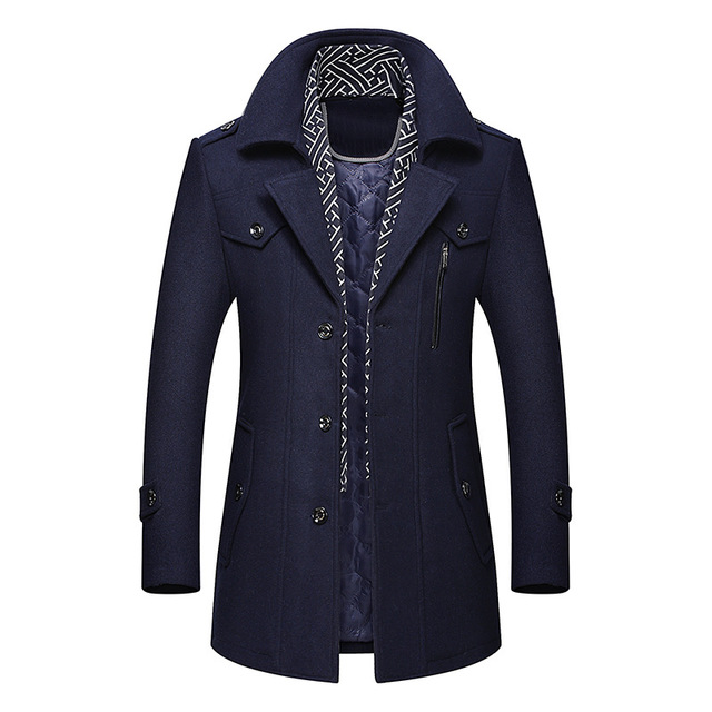 Teal Simba Winter Scarf Detachable Scarf Jackets Men's Wool Coats: Navy blue wool coat for men with a high collar, button closures, zippered chest pocket, cuff strap details, and patterned inner lining. Displayed against a plain white background.