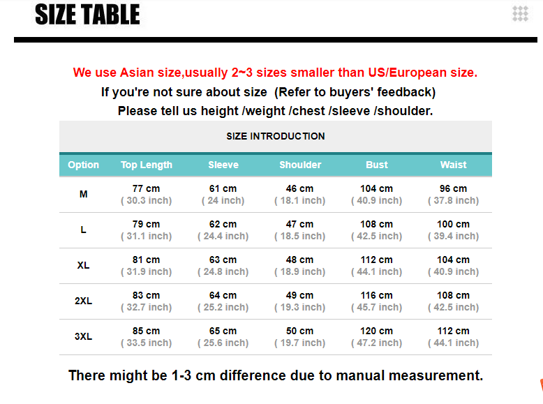 Size chart for Teal Simba Winter Men Wool Jacket Slim Fit Thick Warm Coat (M–3XL) lists top length, sleeve, shoulder, bust, and waist in cm/inch. Note: Asian sizes run 2–3 sizes smaller than US/EU sizes.