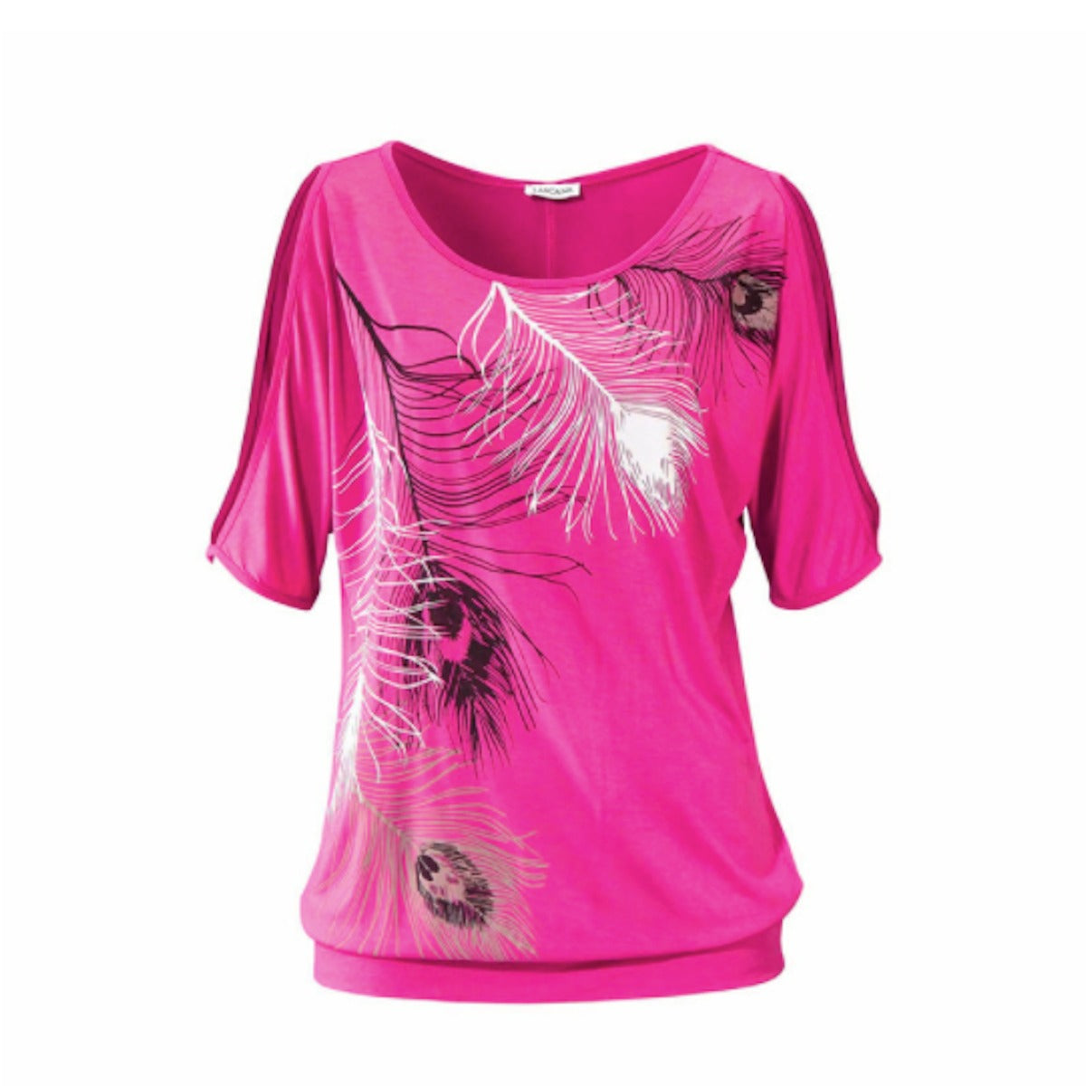 Womens Cut Shoulder Casual T Shirt with Feather Print - cas7m