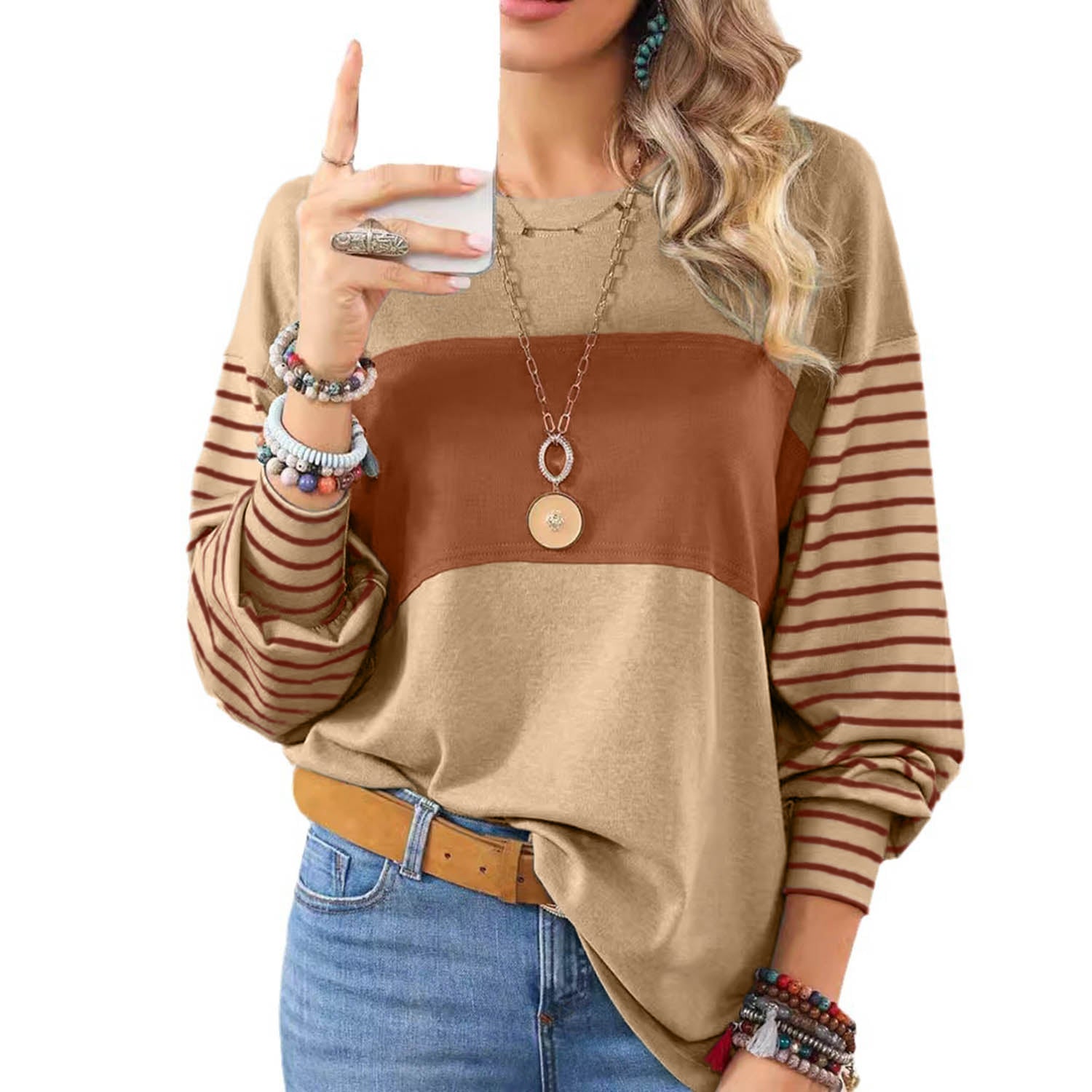 Womens Long Sleeve Pullover Tops Striped Basice T-shirt - cas7m