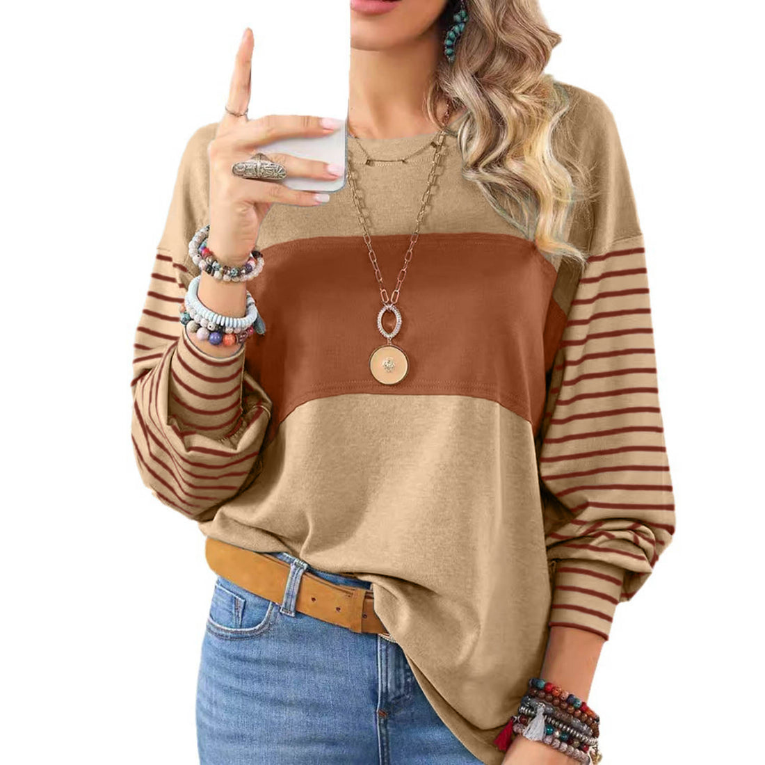 Womens Long Sleeve Pullover Tops Striped Basice T-shirt - cas7m
