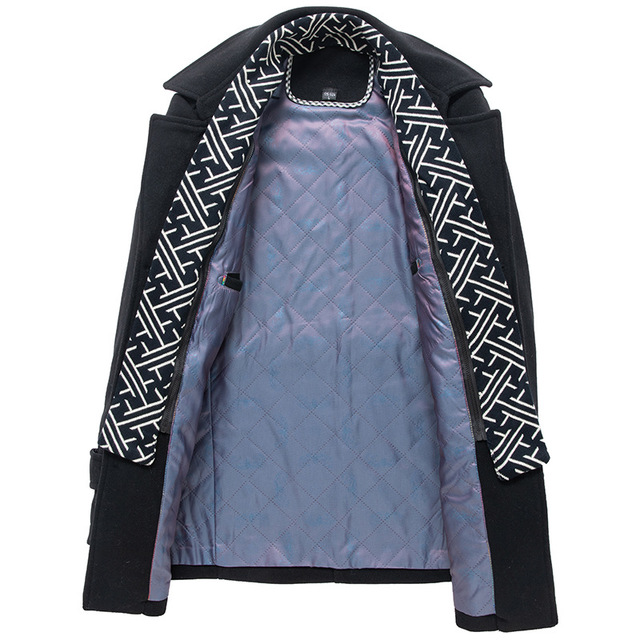 The Teal Simba Winter Scarf Detachable Scarf Jacket is a modern men's wool coat in black, featuring a geometric black-and-white lapel and light purple quilted satin lining, shown open to highlight its interior details.