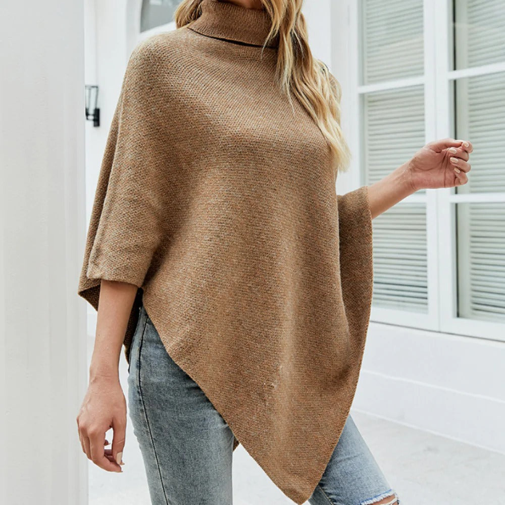 Womens Turtleneck Poncho With Side Buttons Details - cas7m