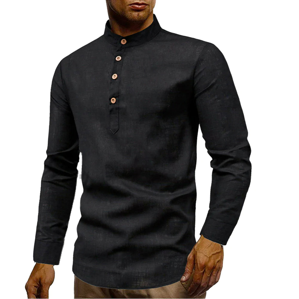 Mens Stand Collar Linen Shirt - cas7m