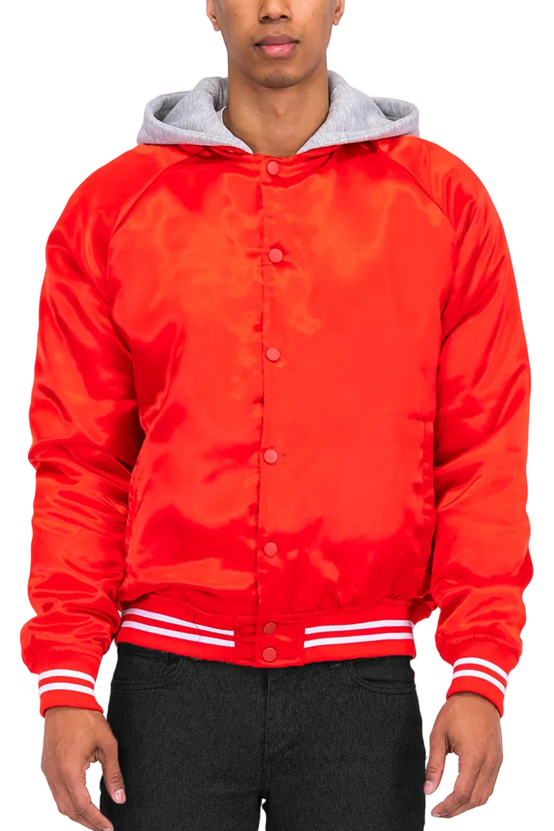 Satin Hooded Varsity Jacket Snap Button Closure BJ220
