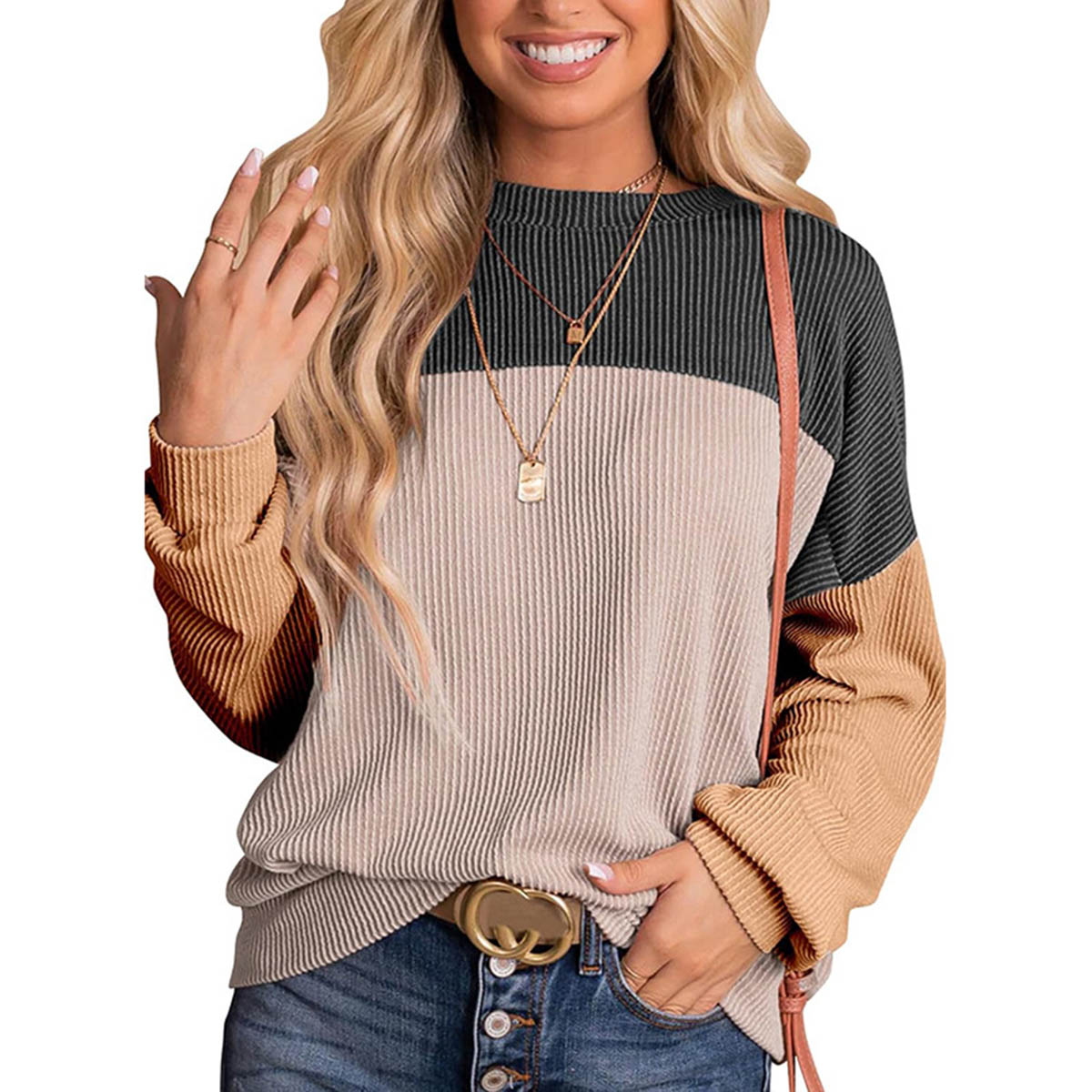 Womens Color Block Long Sleeve Crewneck Knitted Casual Pullover Tops - cas7m