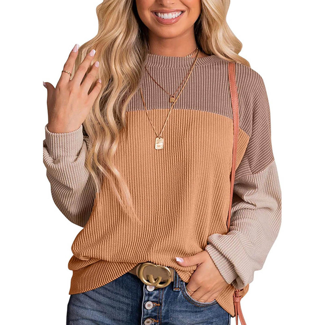 Womens Color Block Long Sleeve Crewneck Knitted Casual Pullover Tops - cas7m