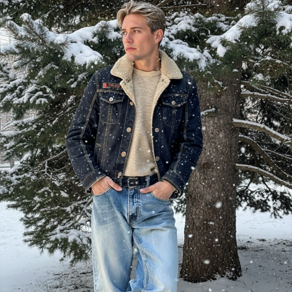 Mens Denim Jean Jacket in Black with Inner Faux Fur - cas7m