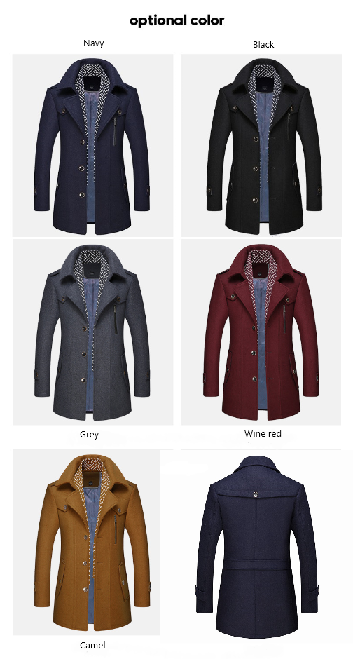 Six Teal Simba Winter Scarf Detachable Scarf Jackets Men's Wool Coats are displayed in navy, black, grey, wine red, camel, and a rear view. Each features buttons, pockets, patterned inner linings, and a detachable scarf.