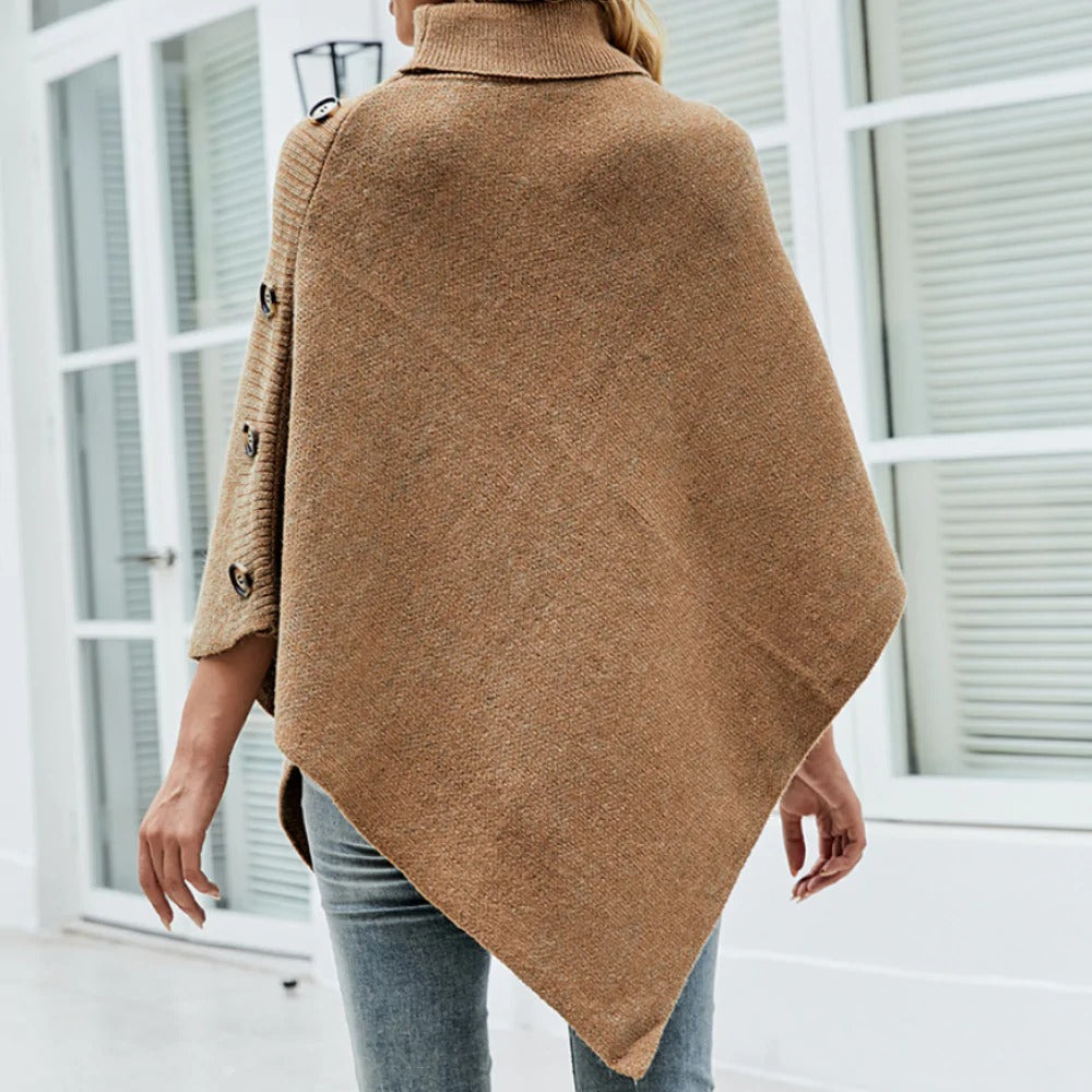Womens Turtleneck Poncho With Side Buttons Details - cas7m