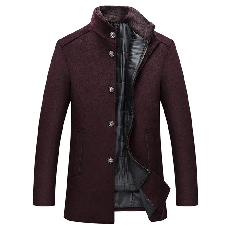 The Teal Simba Winter Men Wool Jacket is a slim fit, thick warm coat in dark maroon with a stand collar, button closure, two front pockets, and black quilted lining. Shown open in Asian size with the inner lining visible.