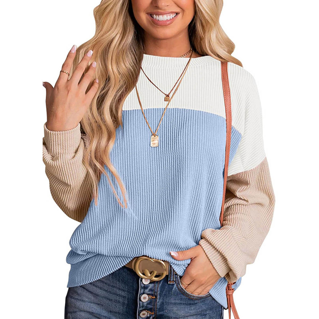 Womens Color Block Long Sleeve Crewneck Knitted Casual Pullover Tops - cas7m