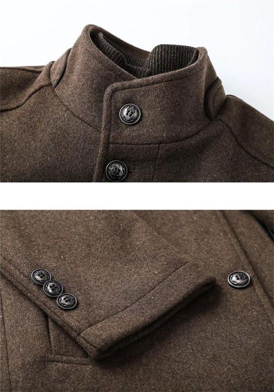 Close-up images of the Teal Simba Winter Men Wool Jacket Slim Fit Thick Warm Coat: top shows a funnel neck collar with two decorative buttons; bottom displays a sleeve cuff with three matching buttons. Note: this item uses Asian sizing.