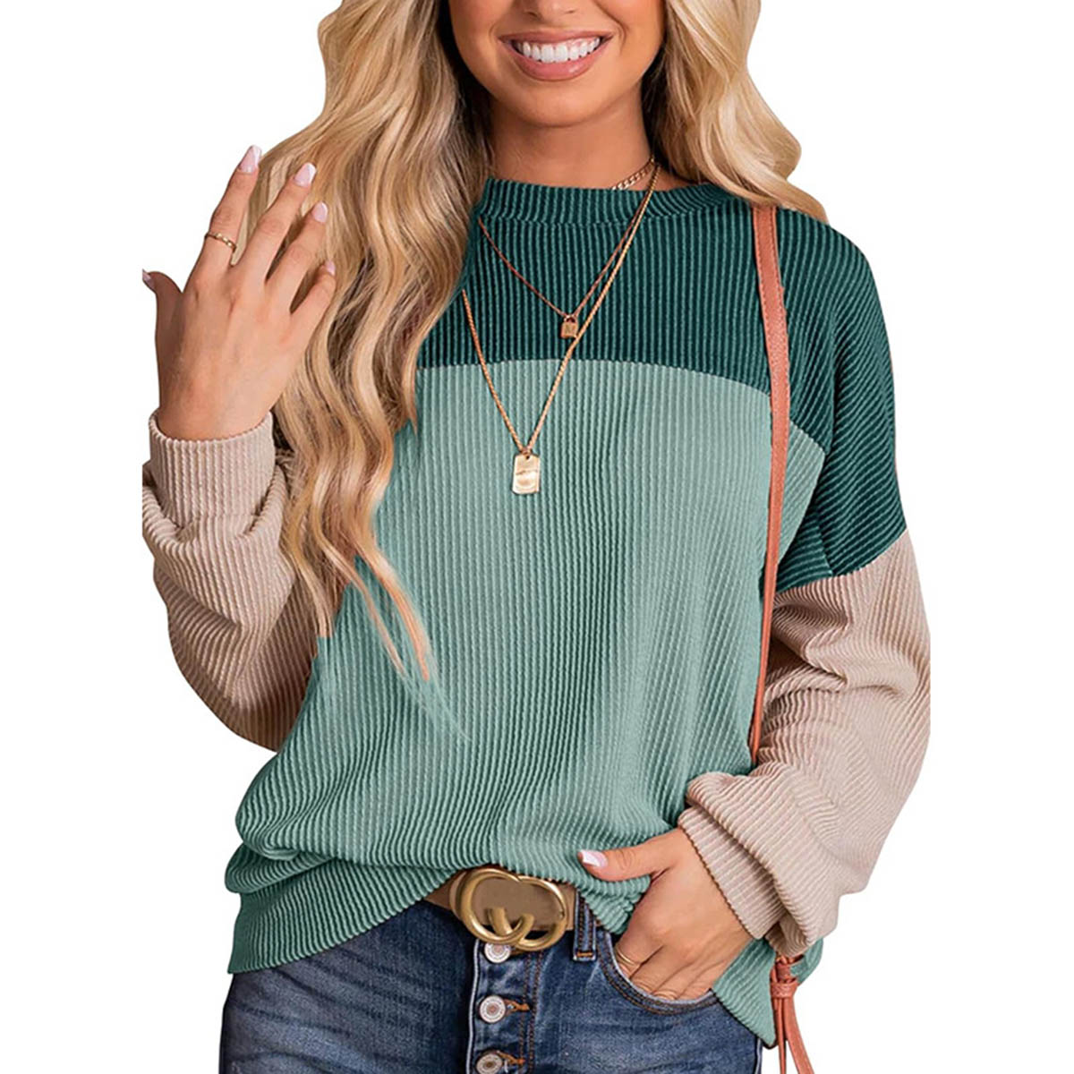 Womens Color Block Long Sleeve Crewneck Knitted Casual Pullover Tops - cas7m