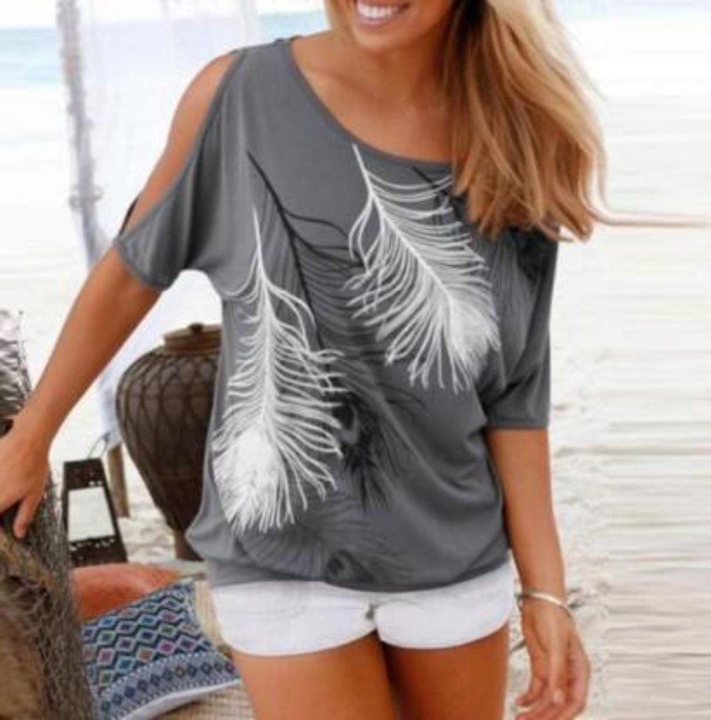 Womens Cut Shoulder Casual T Shirt with Feather Print - cas7m