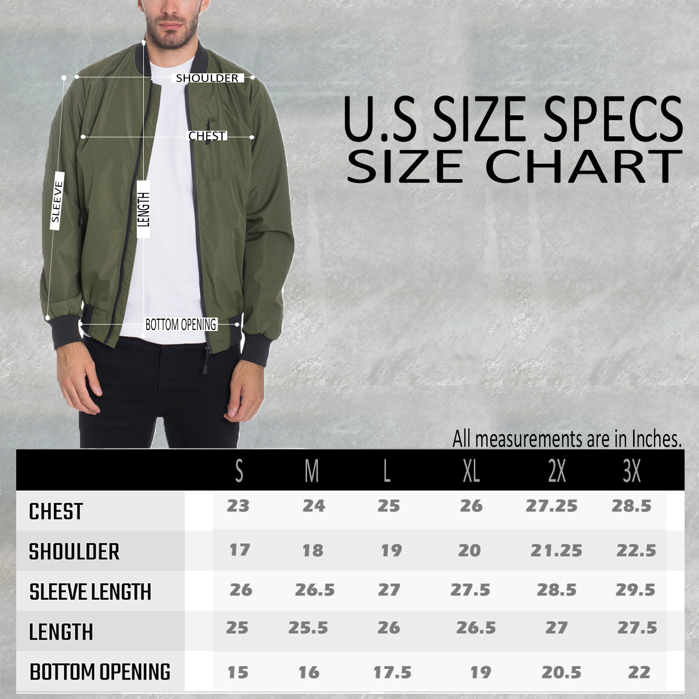 A size chart for the Lime Milo Mens Vinyl Waterproof Windbreaker in green slim fit with labeled chest, shoulder, sleeve length, length, and bottom opening. U.S. sizes S–3X listed in inches for this water-resistant jacket.