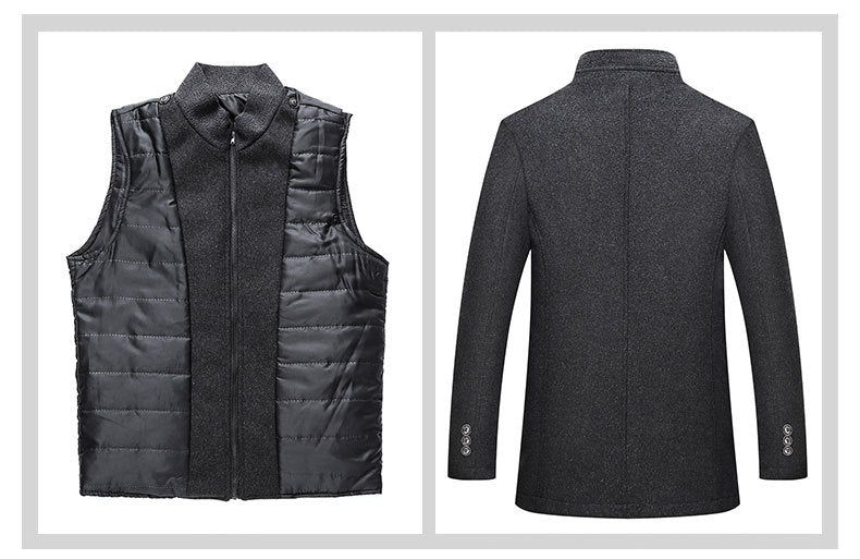 Two-panel image: left shows a sleeveless black quilted vest with zipper; right displays the back of a Teal Simba Winter Men Wool Jacket Slim Fit Thick Warm Coat in dark gray. Note: items are Asian size.