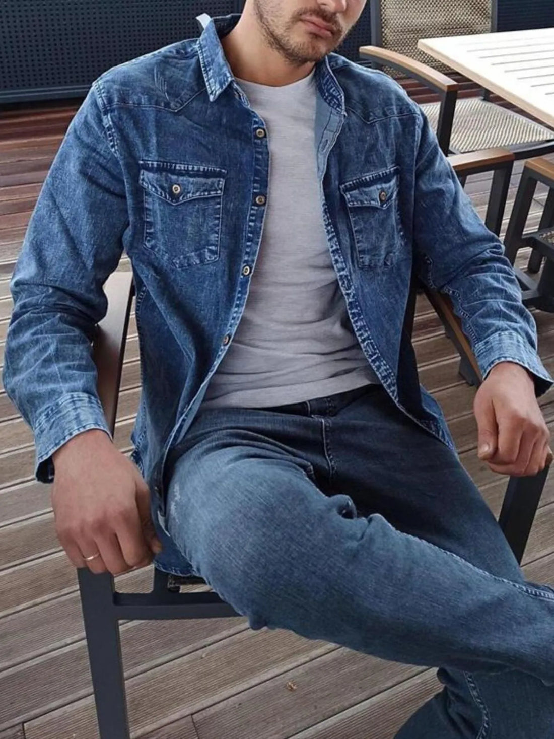 Men's Button Up Long Sleeve Denim Shirt - cas7m