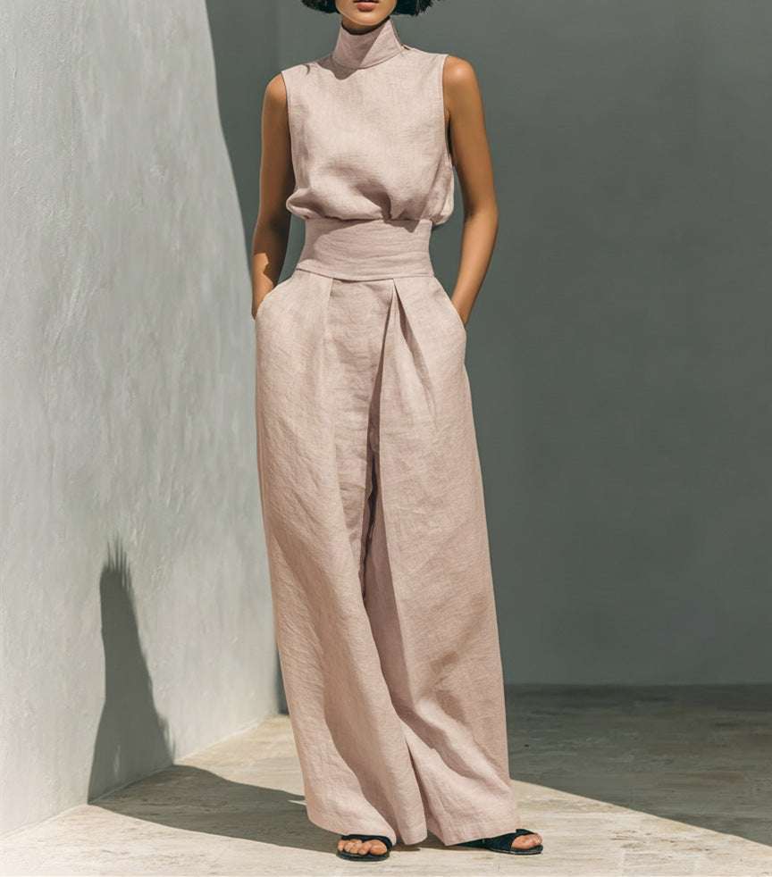 Casual Sleeveless Suit Summer Stand-up Collar Pullover Top And Loose Straight-leg Trousers Women's Clothing - cas7m
