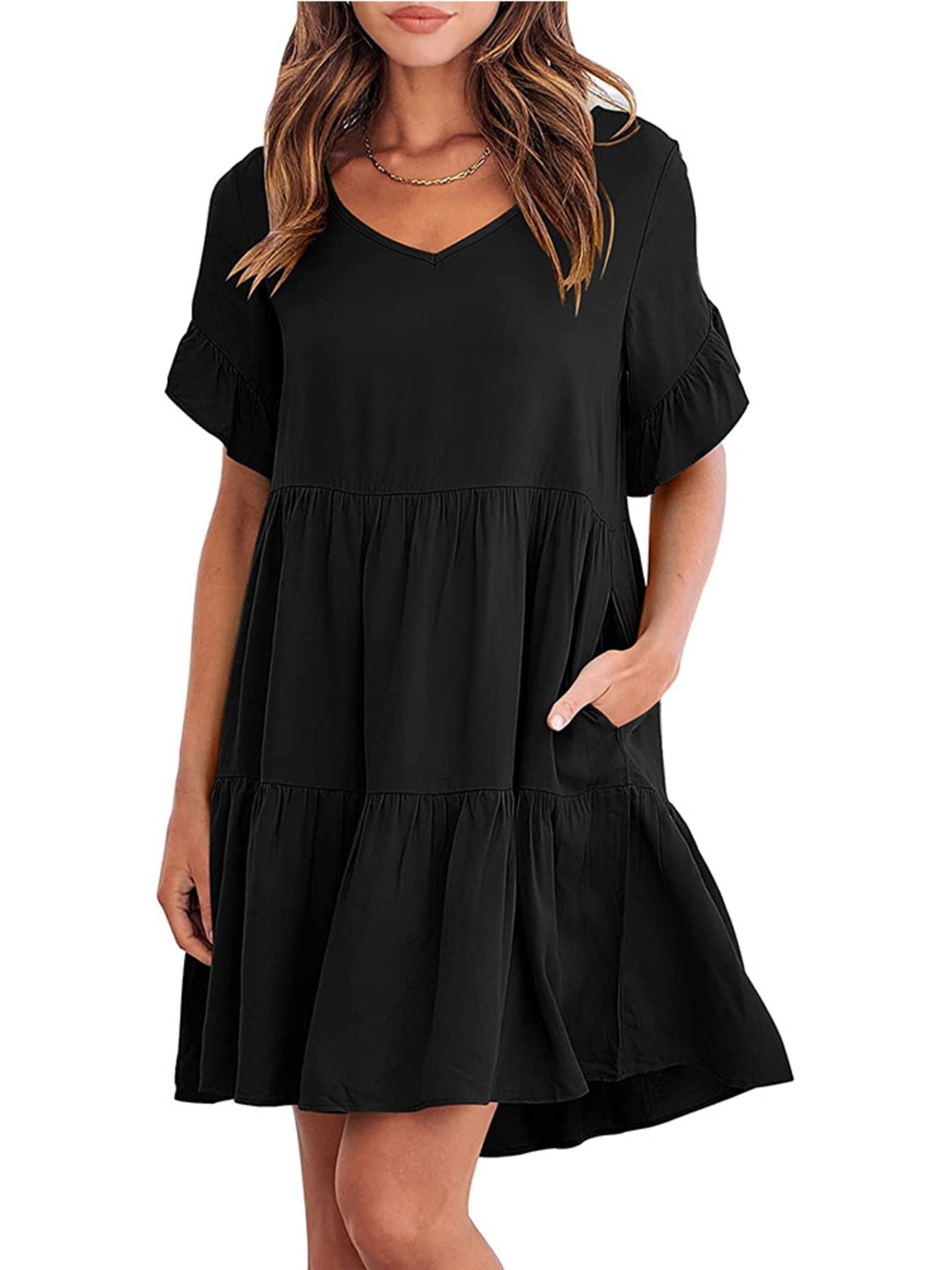 Ruffled Sleeve Tiered Mini Dress - cas7m
