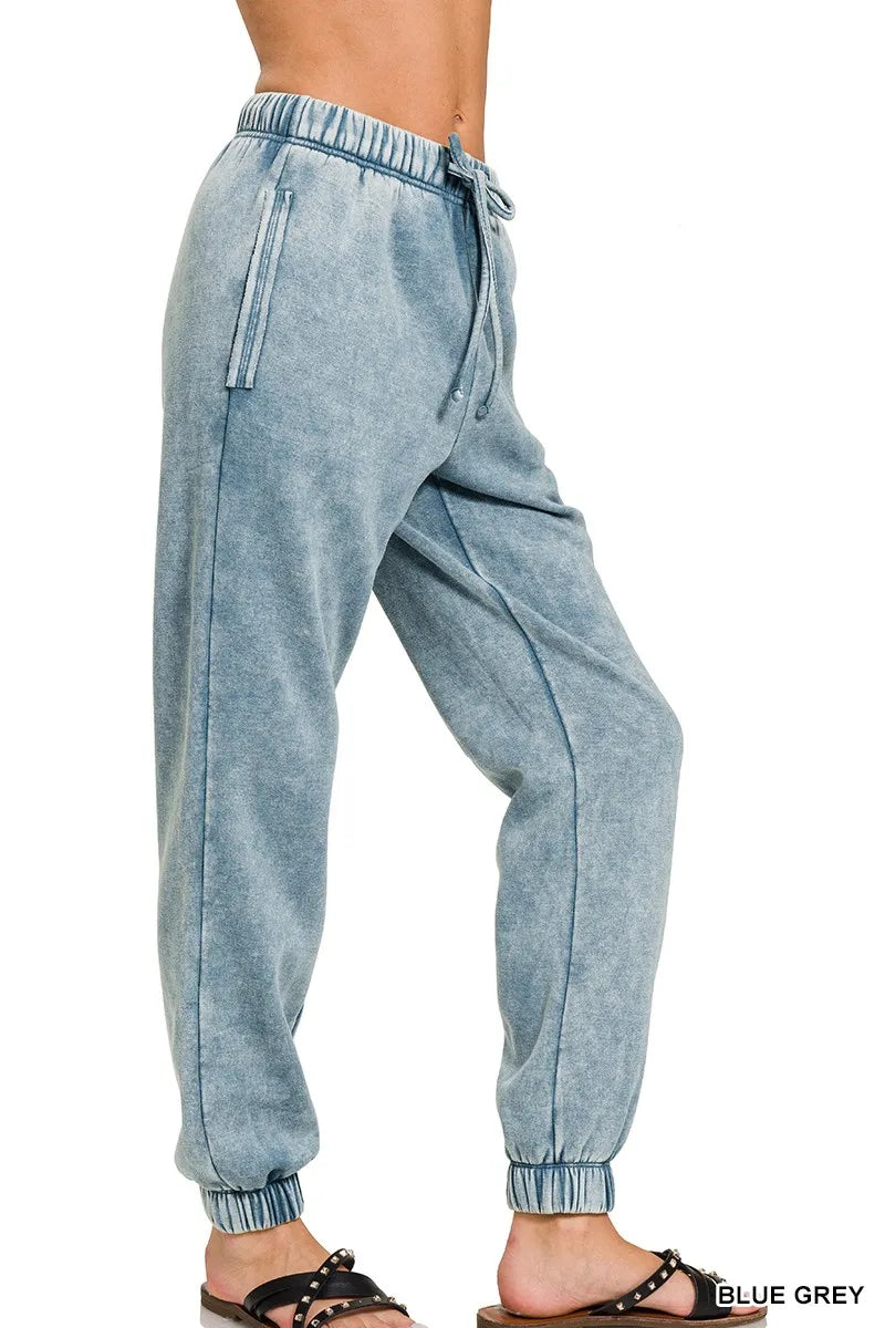 Zenana Acid Wash Fleece Sweatpants with Pockets - cas7m
