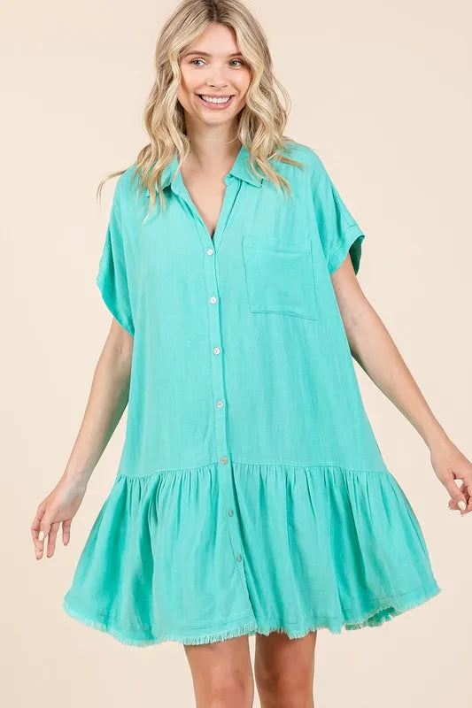 Mittoshop Linen Blend Button Down Shirt Mini Dress - cas7m