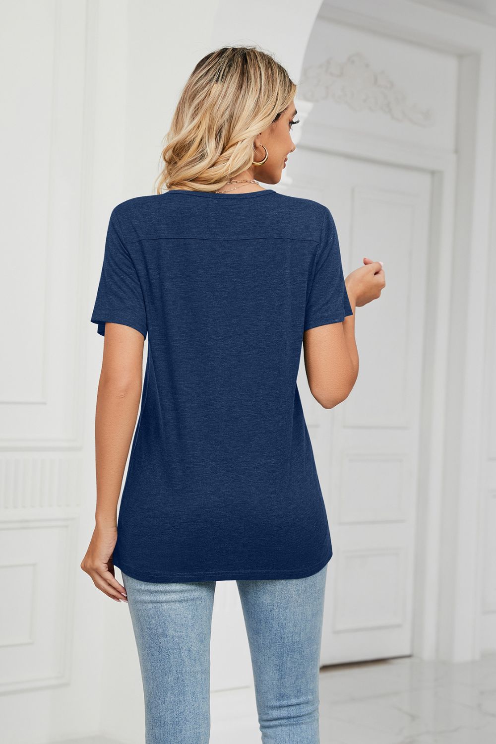 Decorative Button V-Neck T-Shirt - cas7m