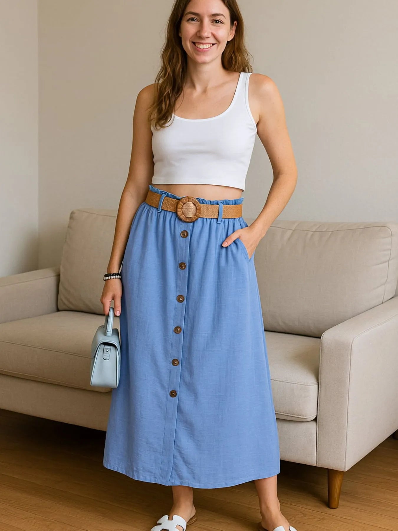 Decor Button Front Midi Skirt - cas7m