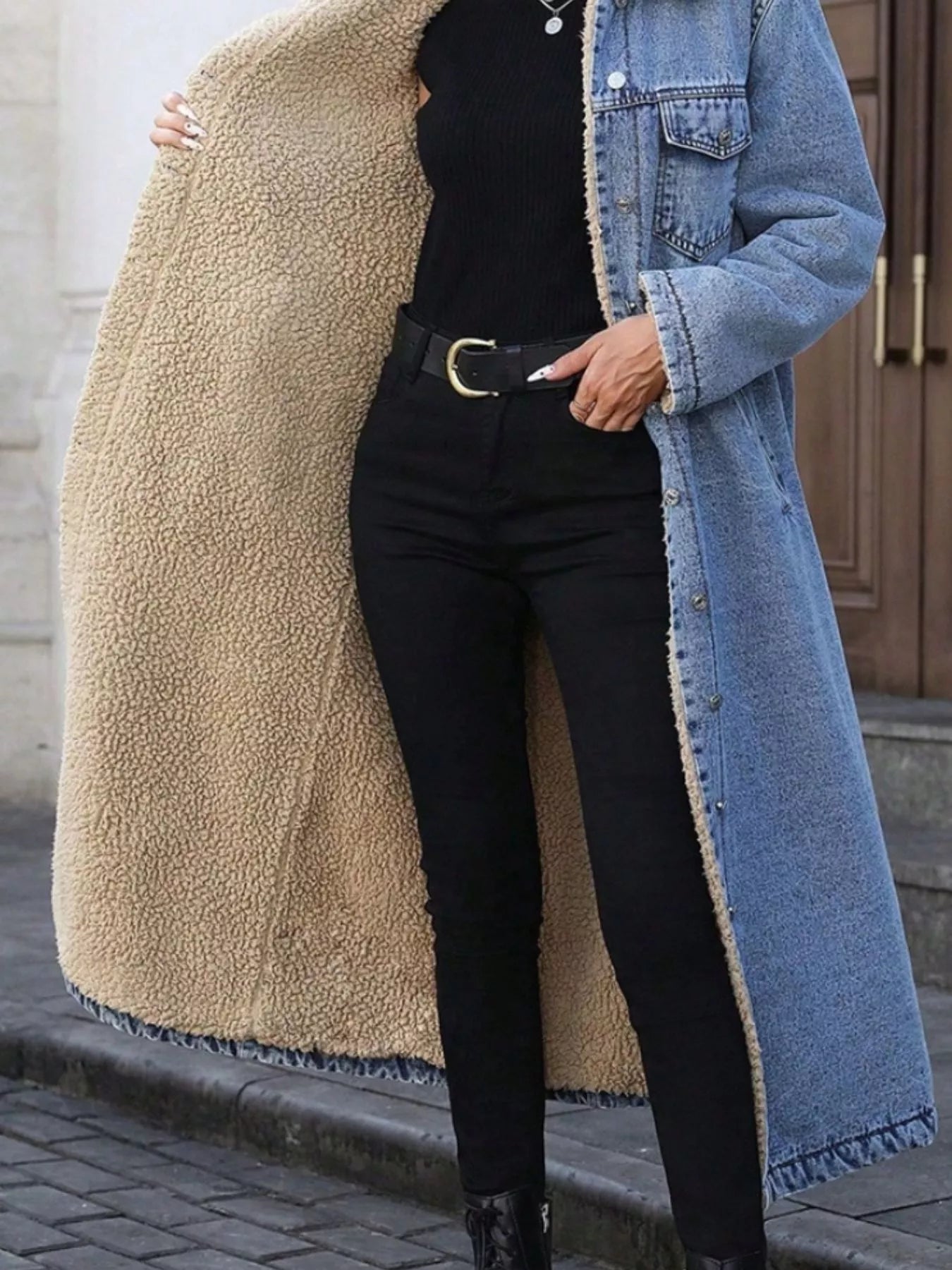 Sherpa Lined Longline Denim Jacket - cas7m