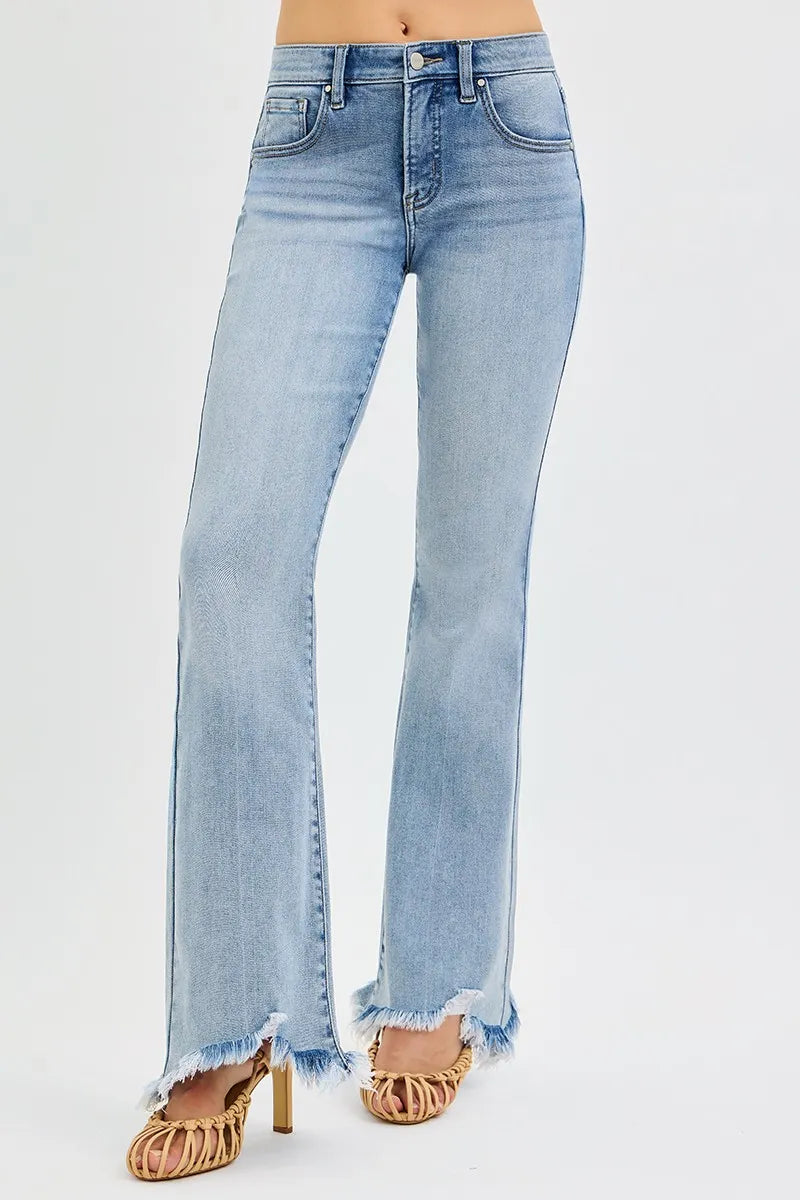 RISEN Full Size Tummy Control Mid Rise Flare Jeans with Fray Hem Detailed Plus Size - cas7m