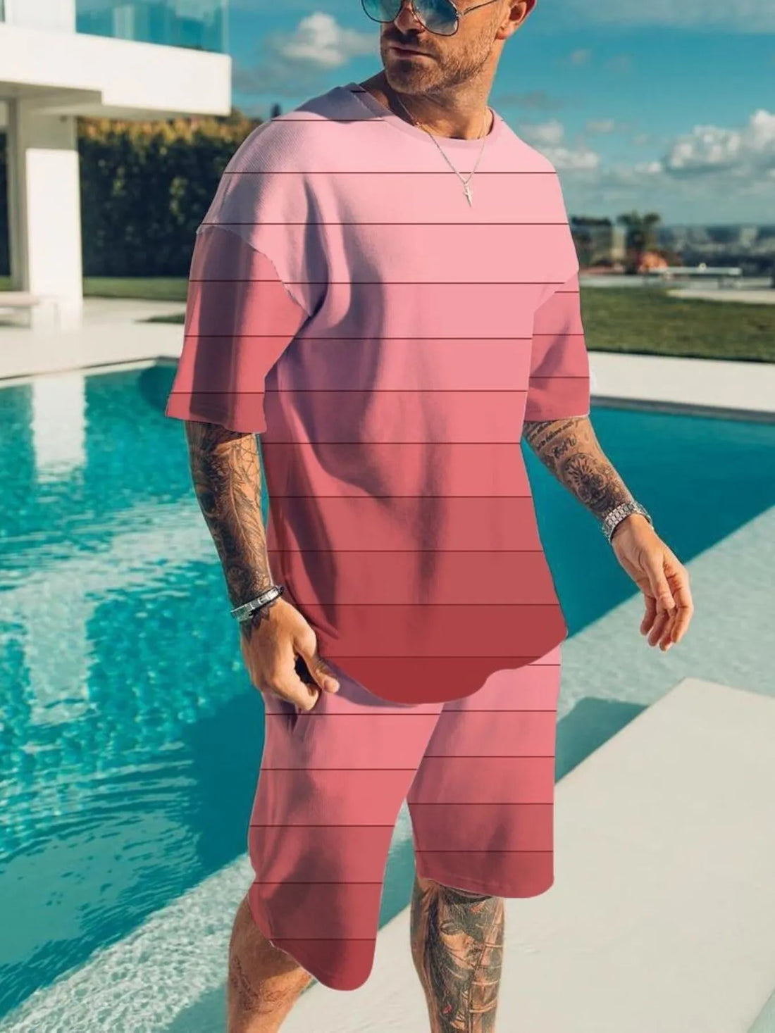 Men's Full Size Color Block Tee and Shorts Set Plus Size - cas7m