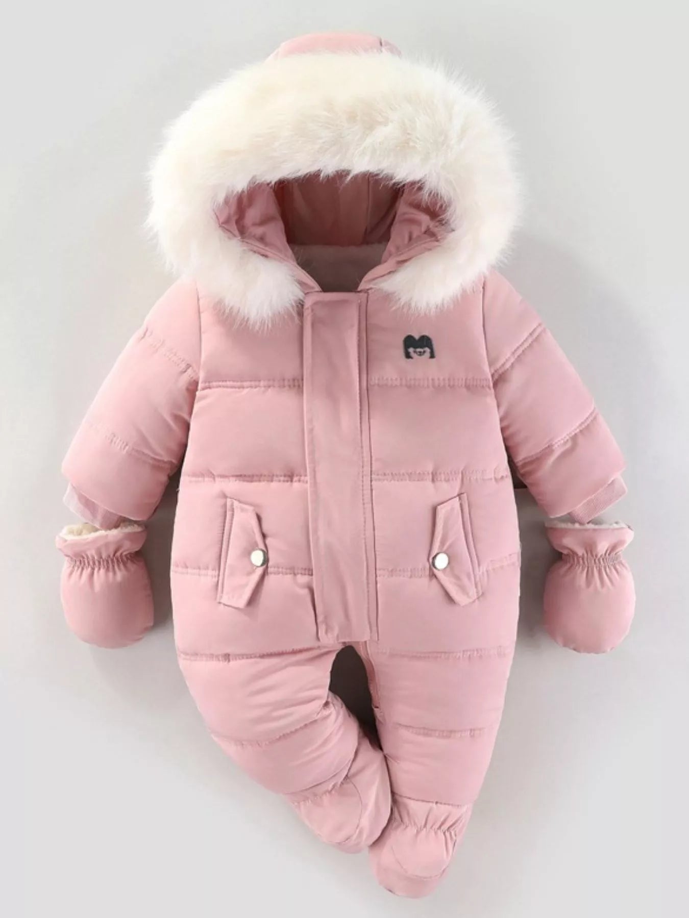Children's Warm Padded One-Piece Snowsuit with Fur Hood - cas7m