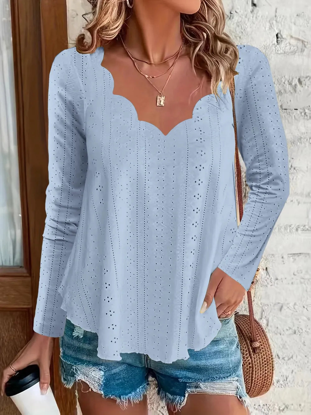 Eyelet Long Sleeve Blouse - cas7m