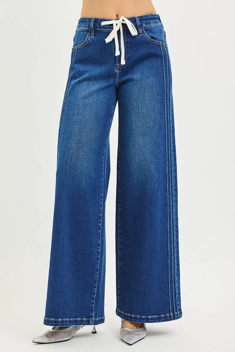 RISEN Full Size Mid Rise Wide Side Pintuck Jeans with Front Drawstring Plus Size - cas7m