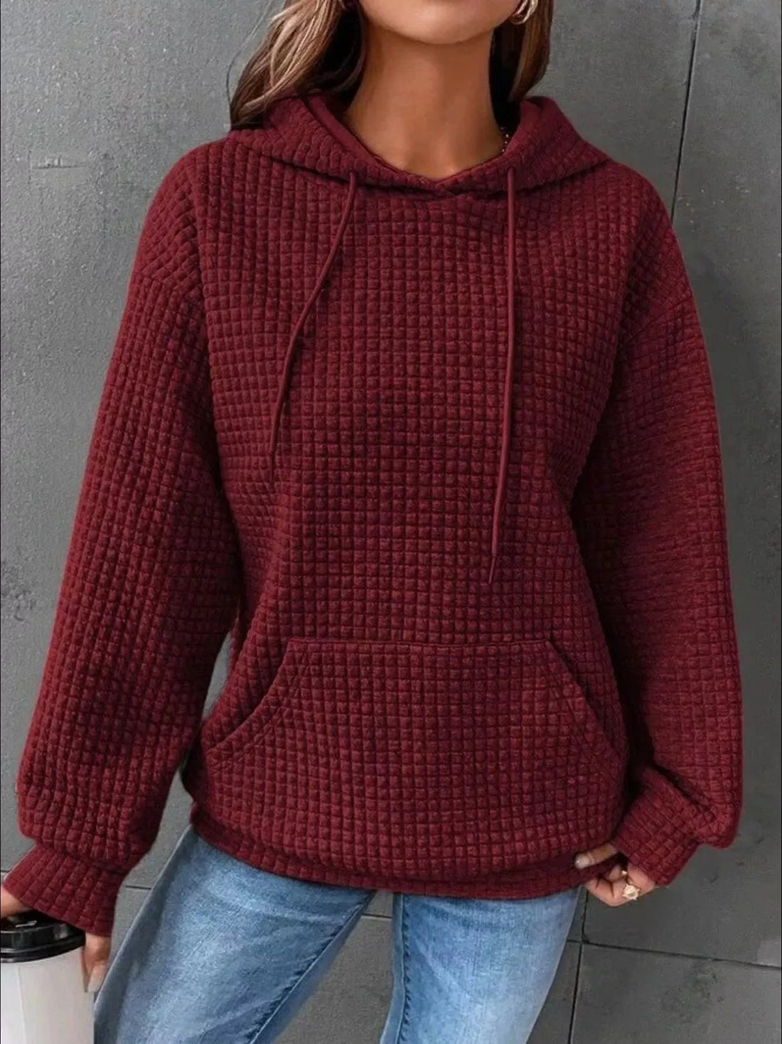 Full Size Textured Kangaroo Pocket Hoodie Plus Size - cas7m