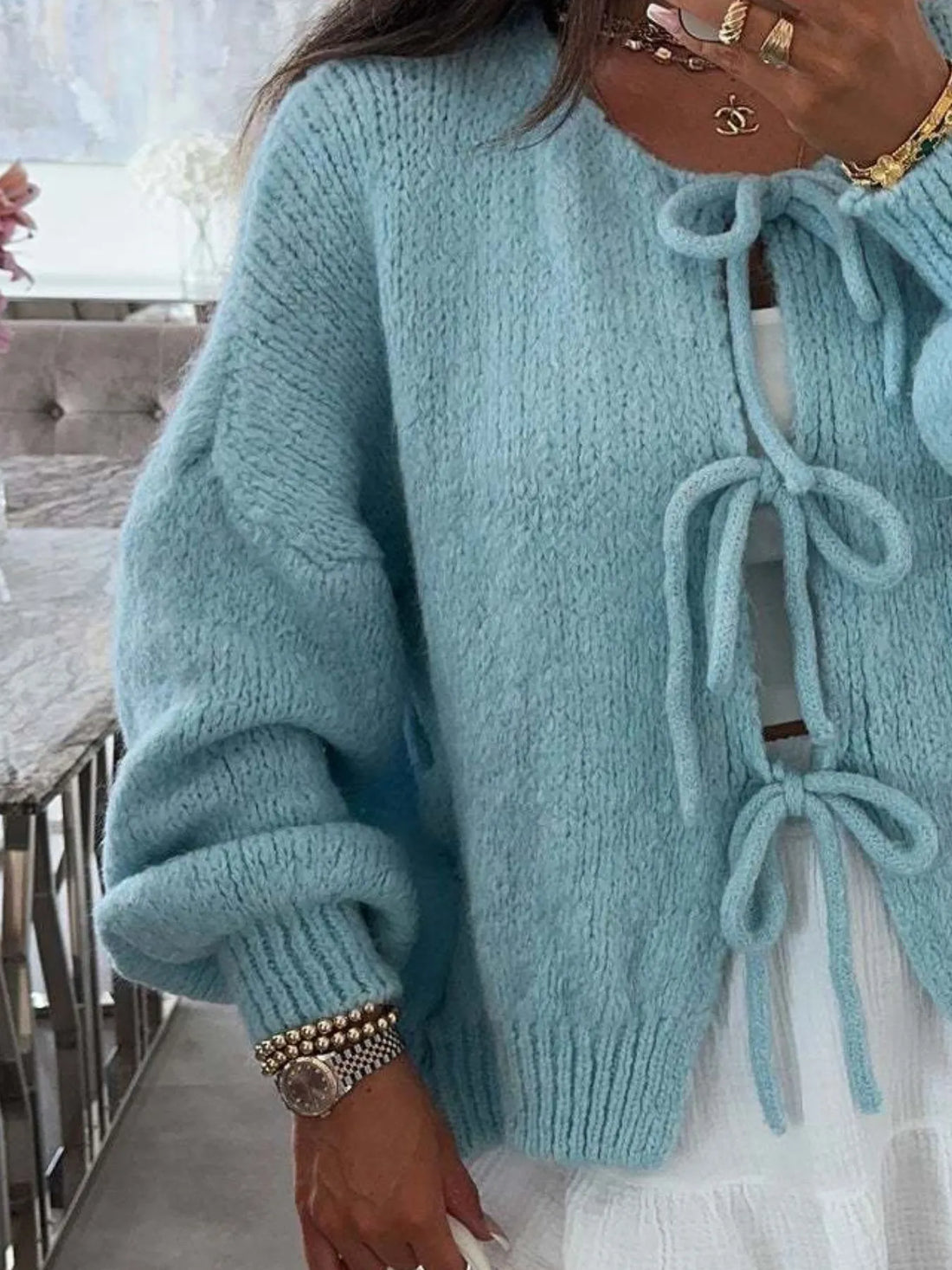 Cozy Bow-Tie Front Knit Cardigan - cas7m