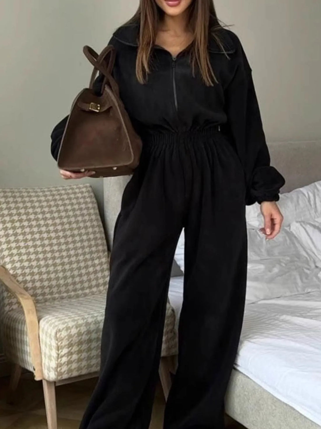 Zip Front Long Sleeve Jumpsuit - cas7m