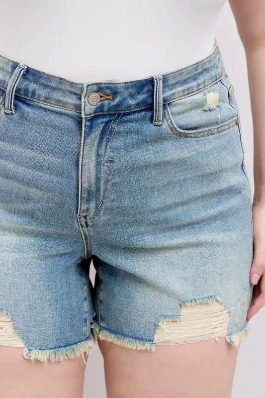 Judy Blue Plus Size High Rise Washed Fly Stitch Detail and Destroy Denim Shorts - cas7m