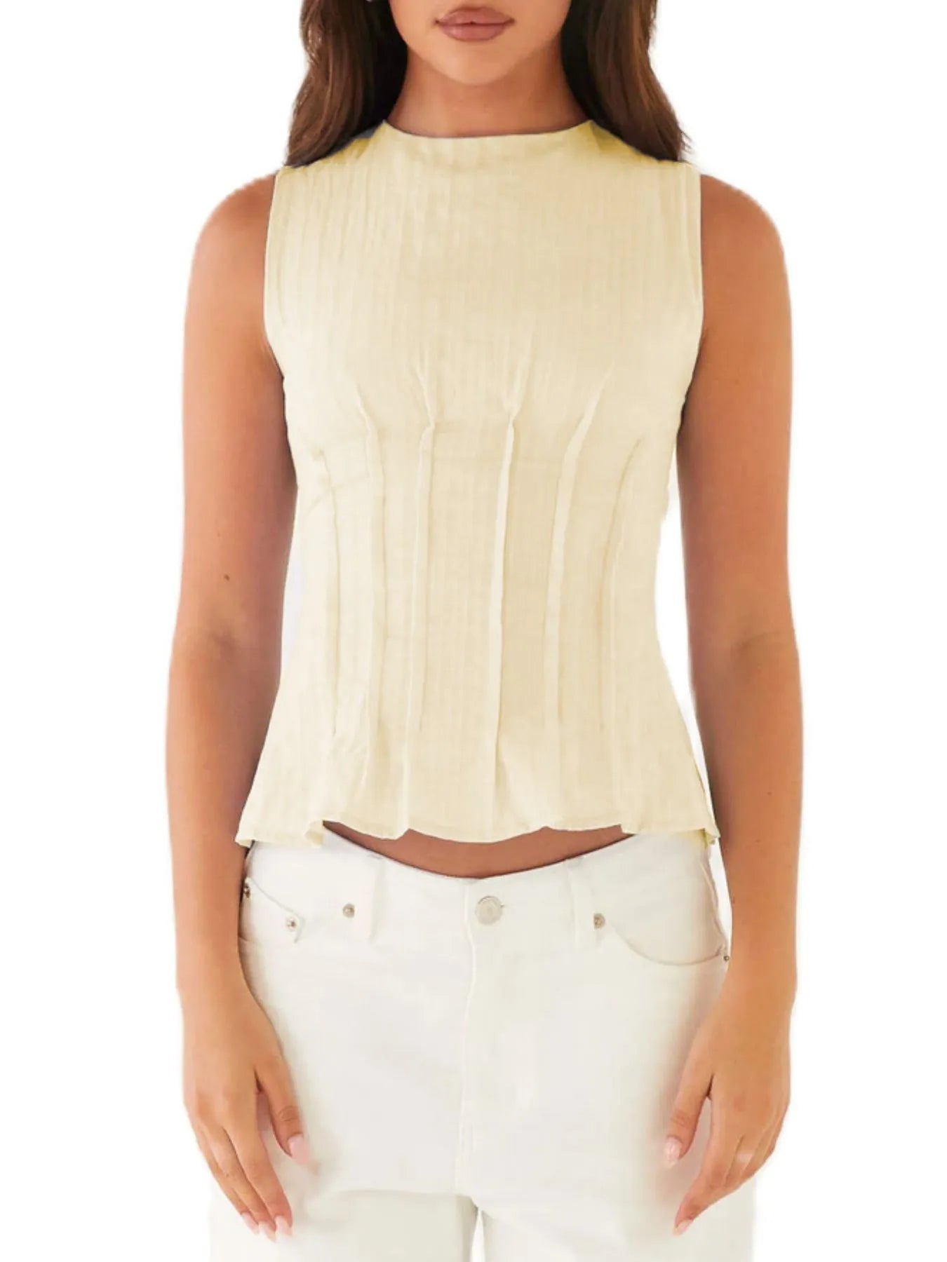 Back Lace Up Sleeveless Top with Cinched Waist Design - cas7m