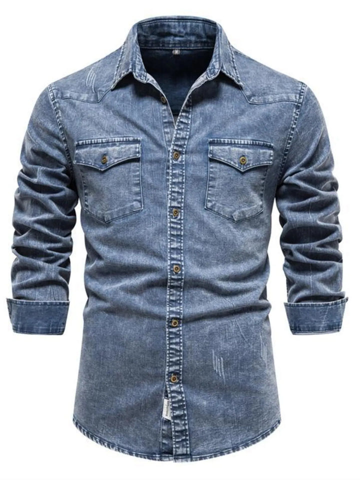 Men's Button Up Long Sleeve Denim Shirt - cas7m