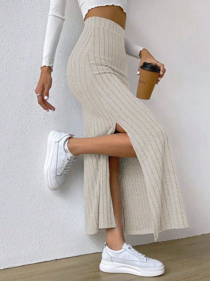 High Waist Ribbed Knit Maxi Skirt - cas7m