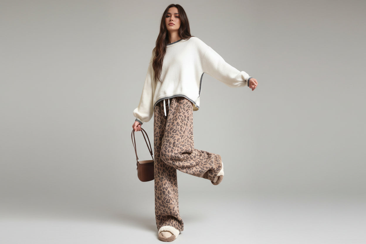 Heavy Weight Leopard Print Wide-leg Pants Spring And Autumn Women's Clothing - cas7m