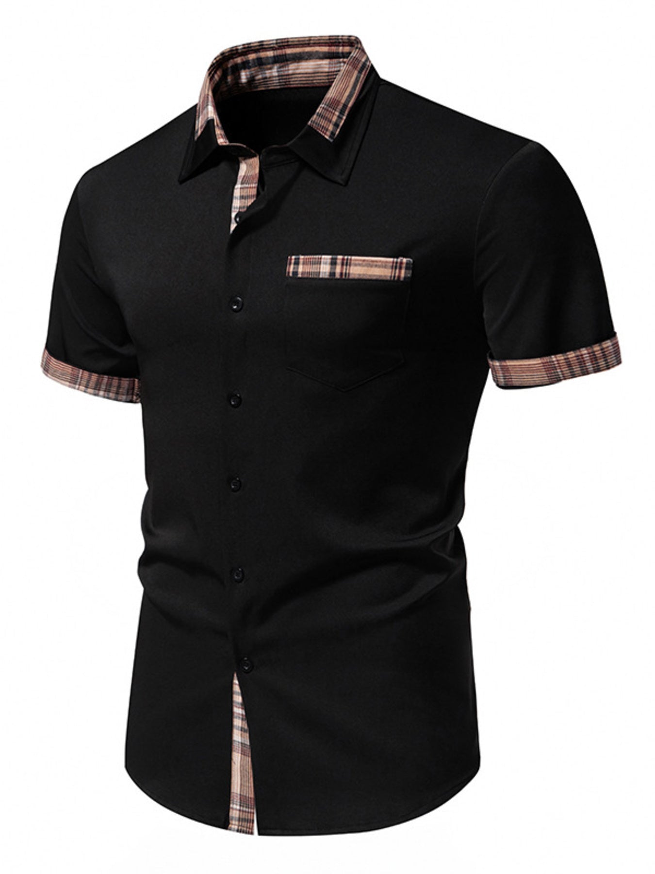 Men's Short Sleeve Plaid Trim Shirt - cas7m