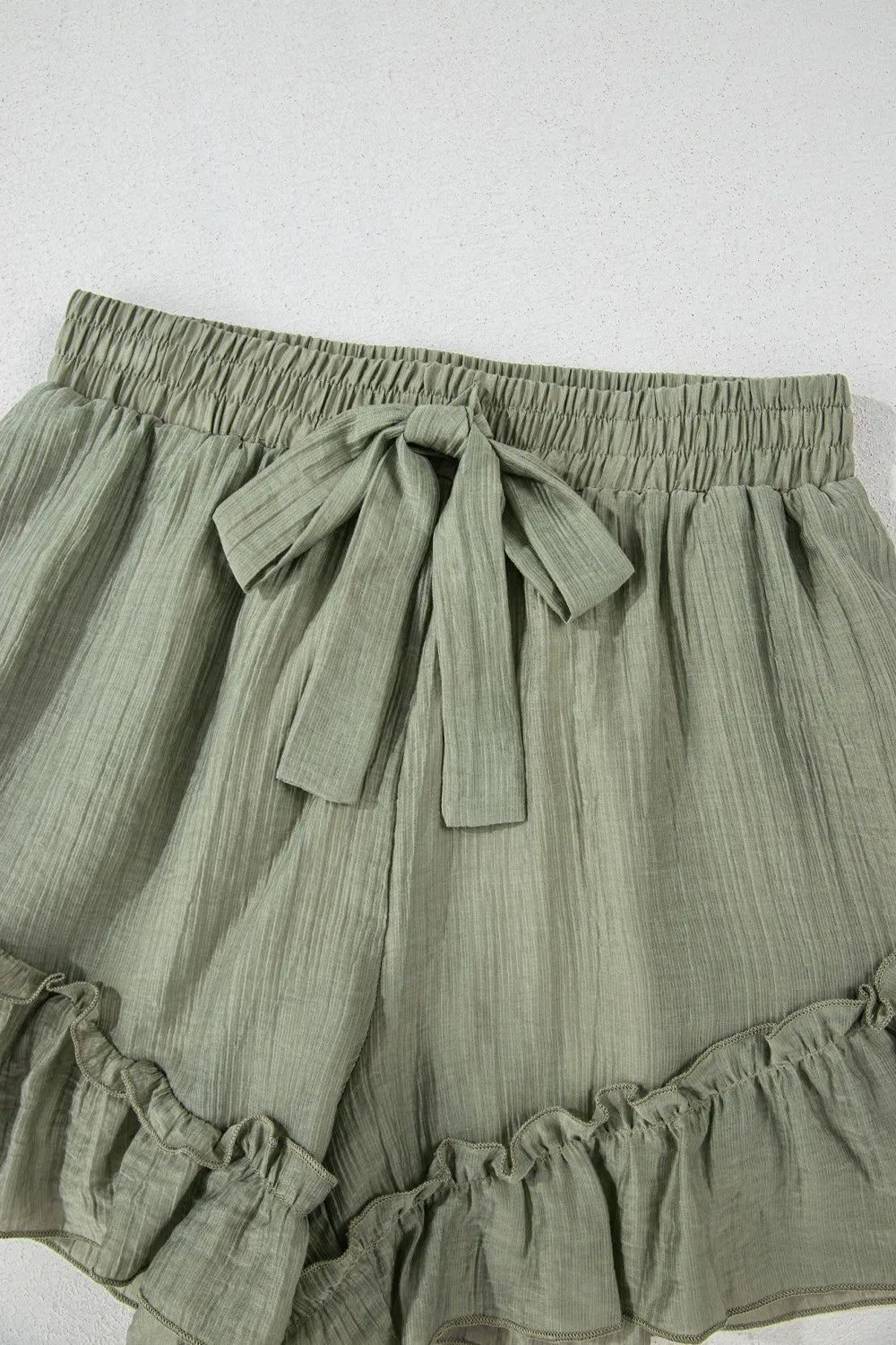 Textured Tie Waist Ruffle Hem Shorts - cas7m