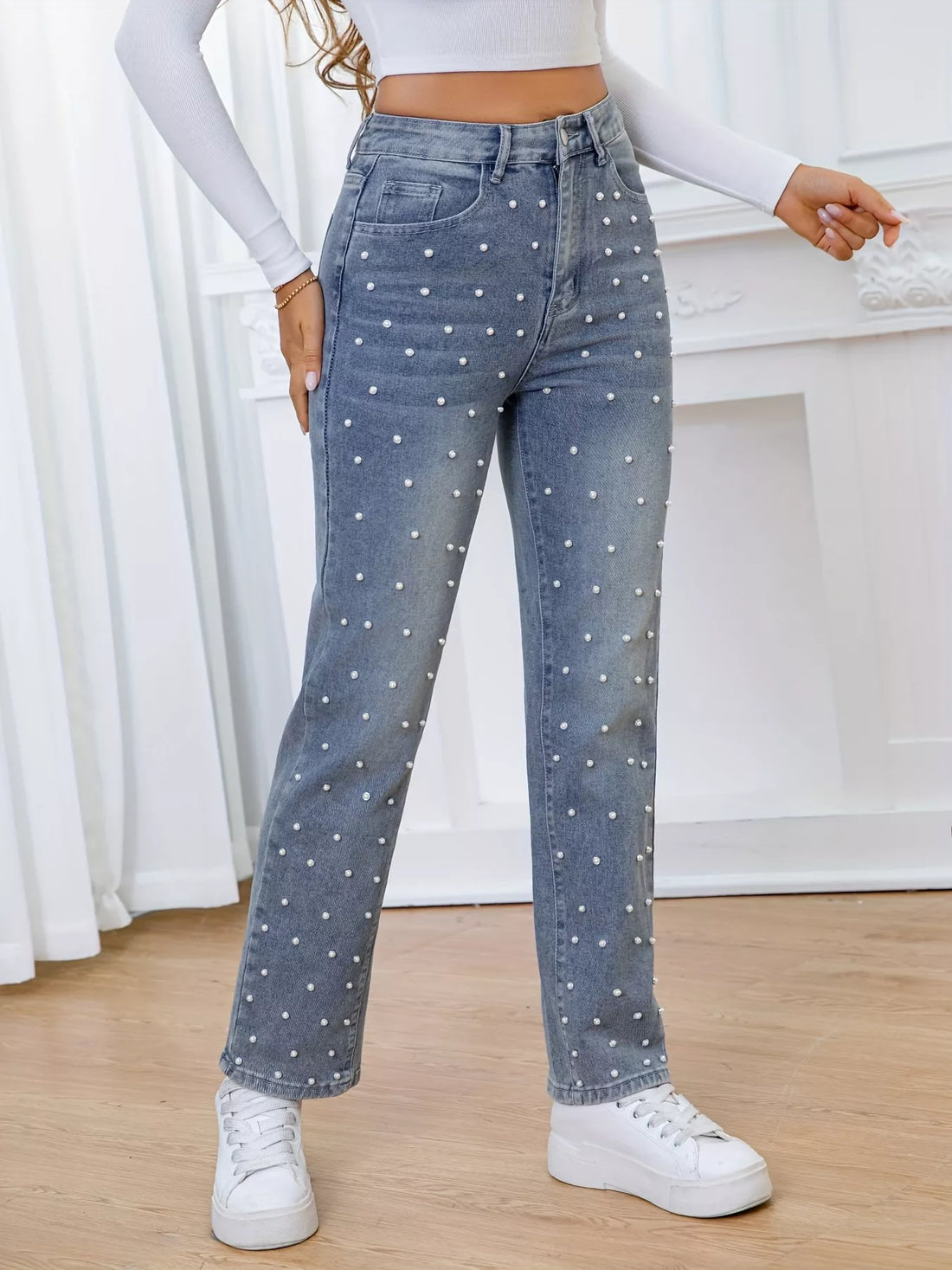 Pearl Embellished High Waist Straight Jeans - cas7m
