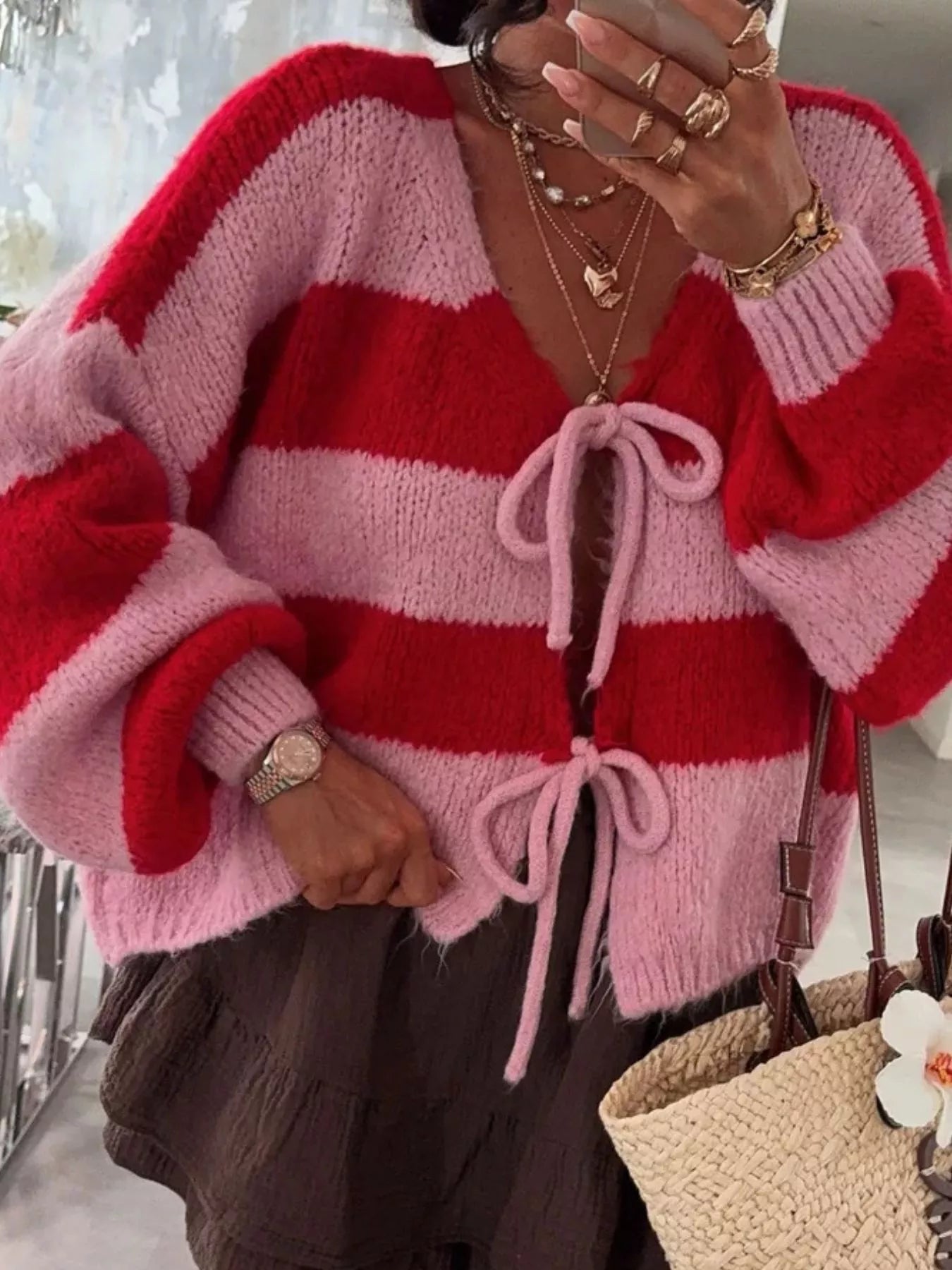 Striped Tie-Front Knit Cardigan - cas7m