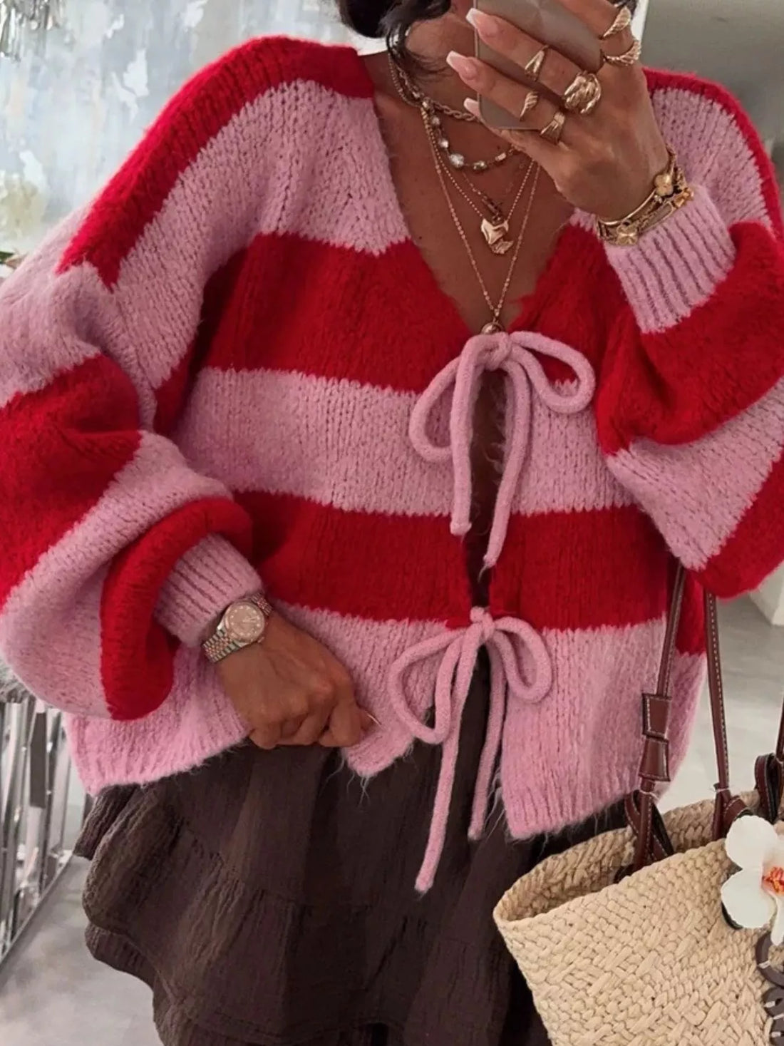 Striped Tie-Front Knit Cardigan - cas7m