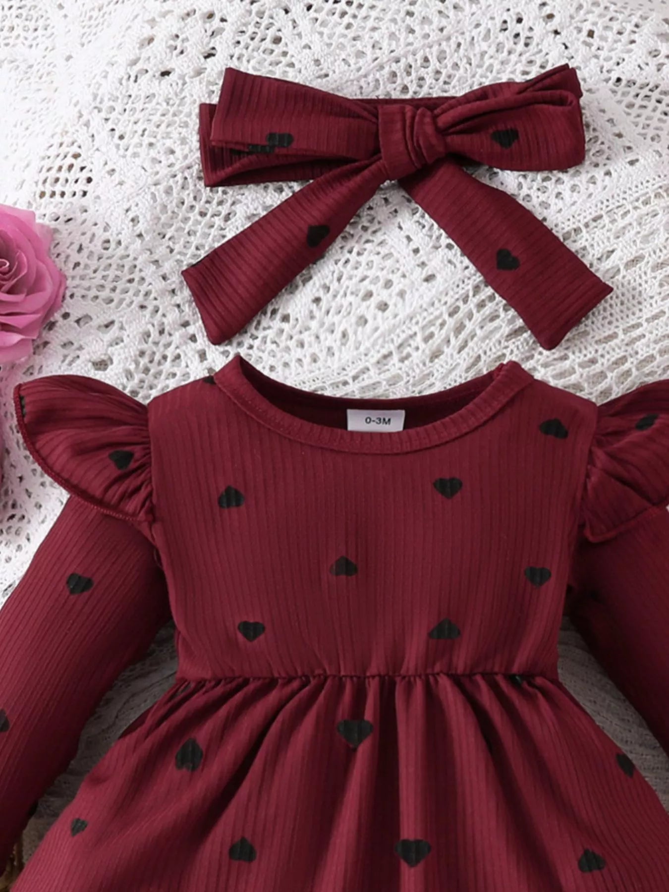 Children's Heart Print Ruffle Trim Bodysuit Dress with Headband - cas7m