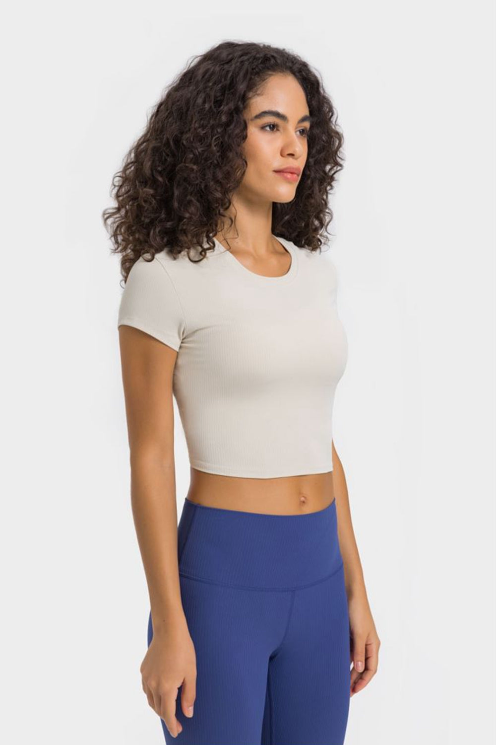 Soft Flex Cropped Yoga Top - Stretchy Solid Short Sleeve - cas7m