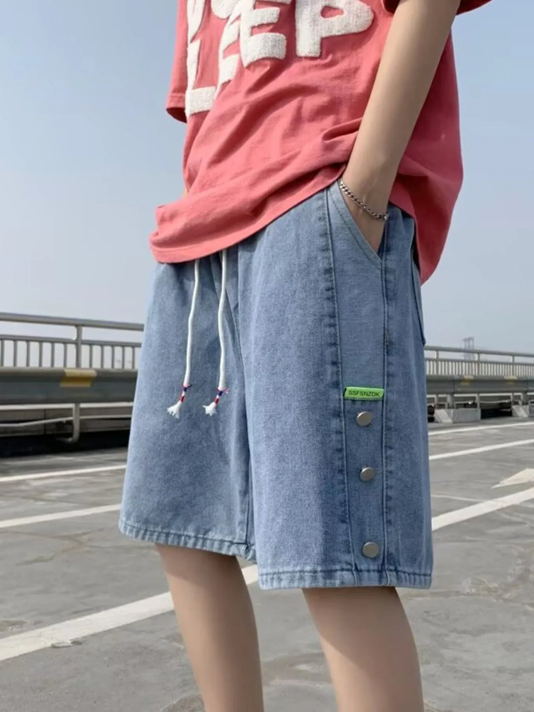 Men's Plus Size Casual Loose Fit Denim Shorts with Drawstring - cas7m